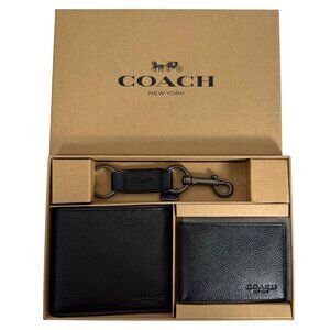 NIB $280 COACH Boxed 3-In-1 Wallet Gift Set Black Leather Key Fob CW344